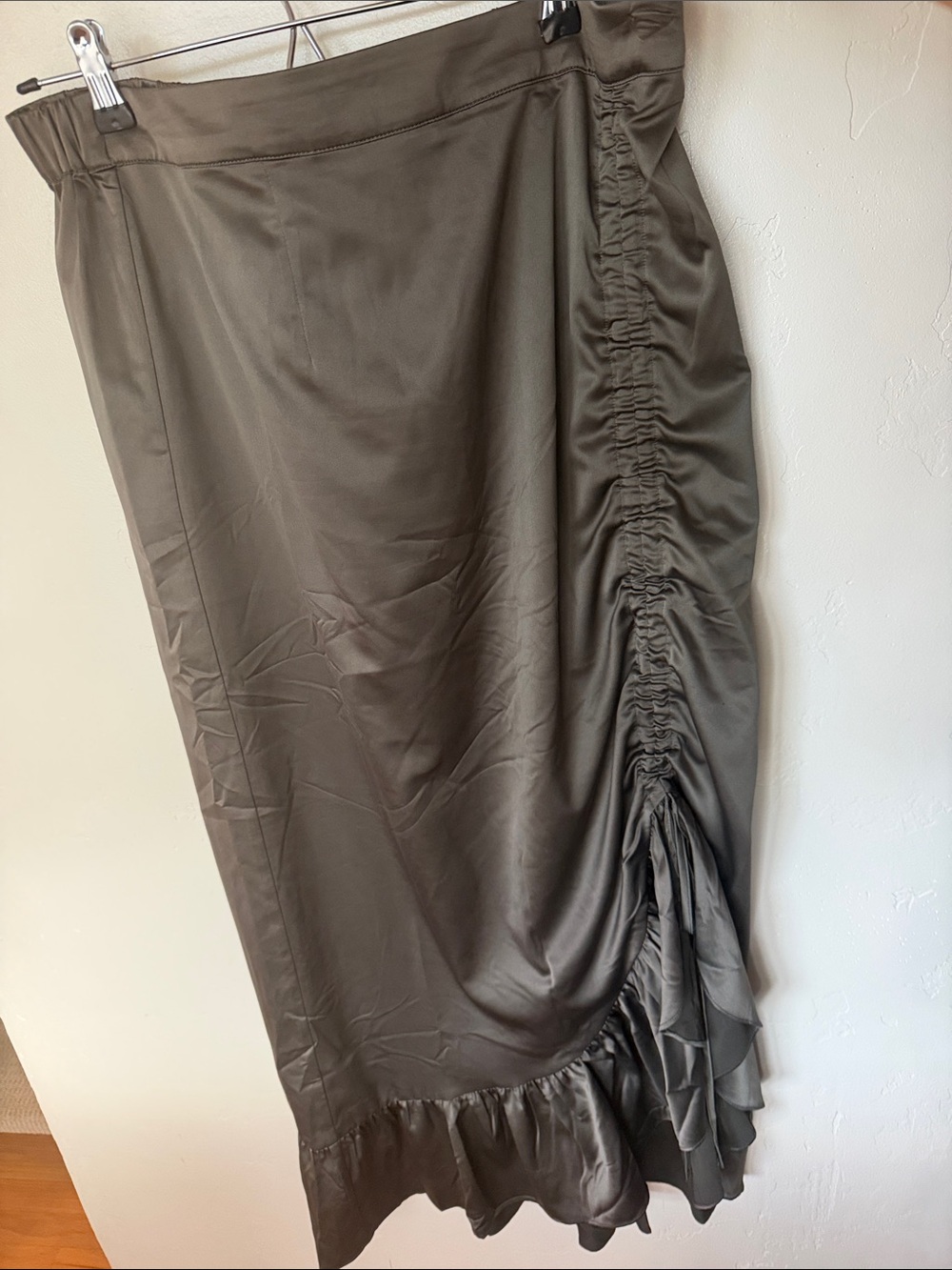 Ivy City Co Olive Satin Ruched Midi Skirt